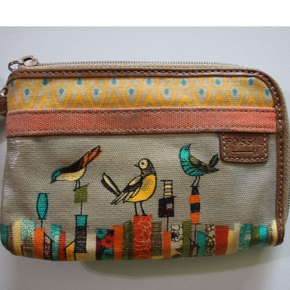 Fossil Key-Per Wristlet Wallet Bird Birdhouse Print Coated Canvas Zip Around MCM